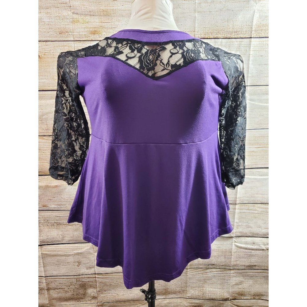 Purple with Black V-Neck Lace Inset + Sleeves Top (3XL)